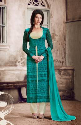 Green Embroidered Georgette Semi Stitched Salwar With Dupatta 1