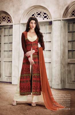 Brown Embroidered Georgette Semi Stitched Salwar With Dupatta 1