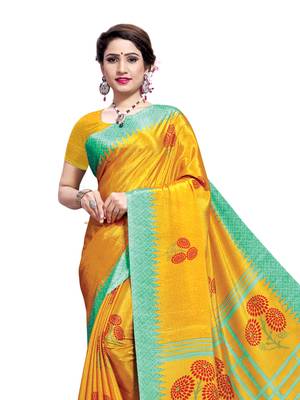Yellow printed crepe saree with blouse 2