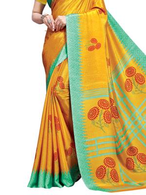 Yellow printed crepe saree with blouse 3