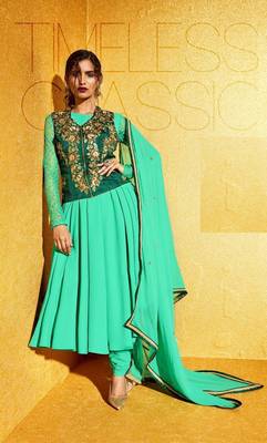 Green Embroidered Georgette Semi Stitched Salwar With Dupatta 1