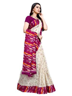 Beige printed crepe saree with blouse 1