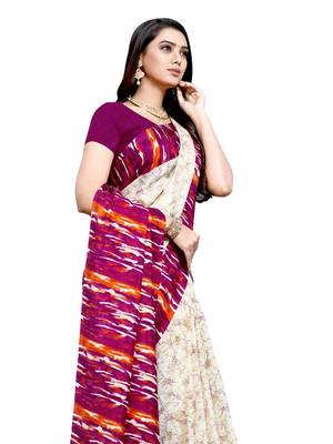 Beige printed crepe saree with blouse 2