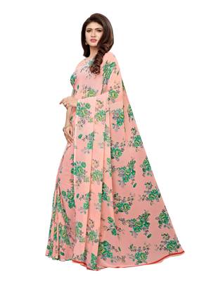 Pink printed georgette saree with blouse 2