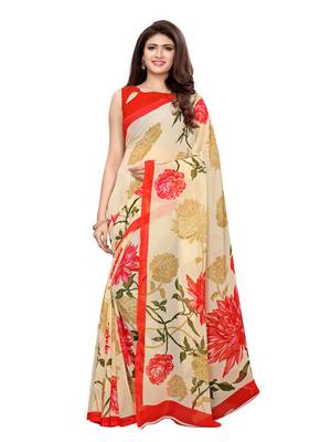 Beige Printed Georgette Saree With Blouse 1
