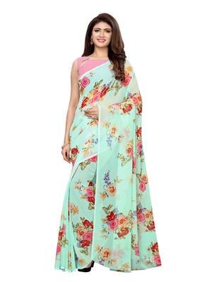 Sea green printed georgette saree with blouse 1