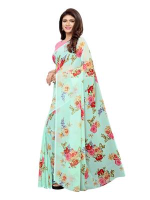 Sea green printed georgette saree with blouse 2