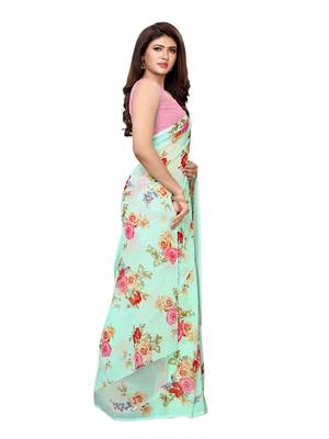 Sea green printed georgette saree with blouse 3