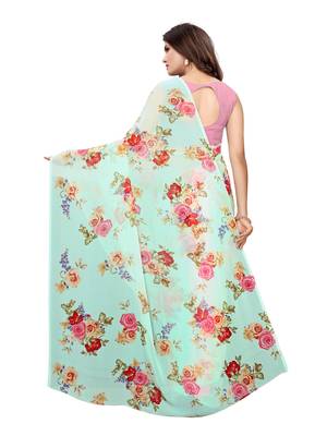 Sea green printed georgette saree with blouse 4