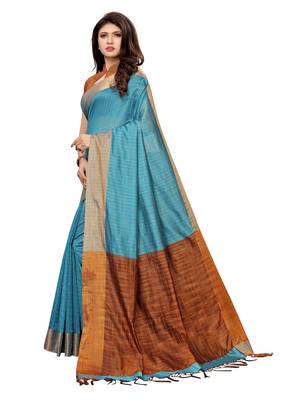Blue Woven Chanderi Saree With Blouse 2