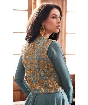 Brown embroidered tussar silk semi stitched salwar with dupatta 1