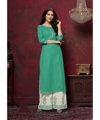 Women's Sea Green Cotton Slub Classy Designer Kurtis 1