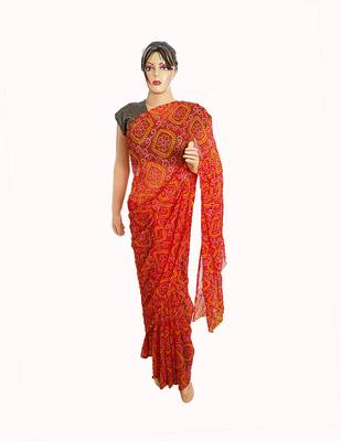 Red Color Printed Georgette Bandhani Sari With Running Blouse 1