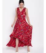 Red Stem Flower Flared Dress