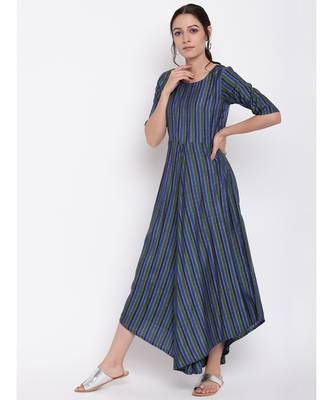 Blue Green Stripe Flared Dress 1