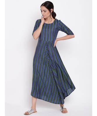 Blue Green Stripe Flared Dress 2