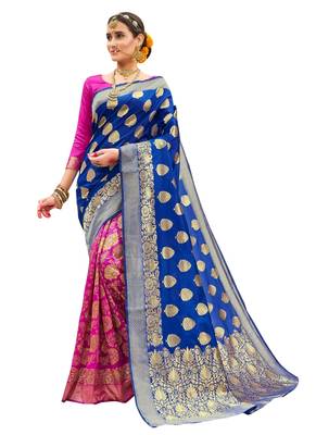 Blue brasso art silk saree with blouse 1