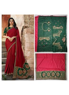 Red embroidered silk saree with blouse 2