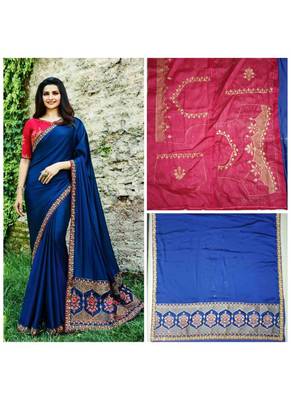 Blue embroidered silk saree with blouse 4