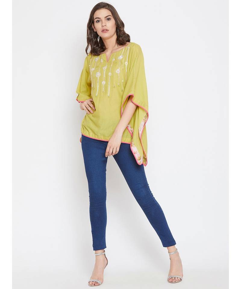 Chartreuse Embellished Kaftan Top