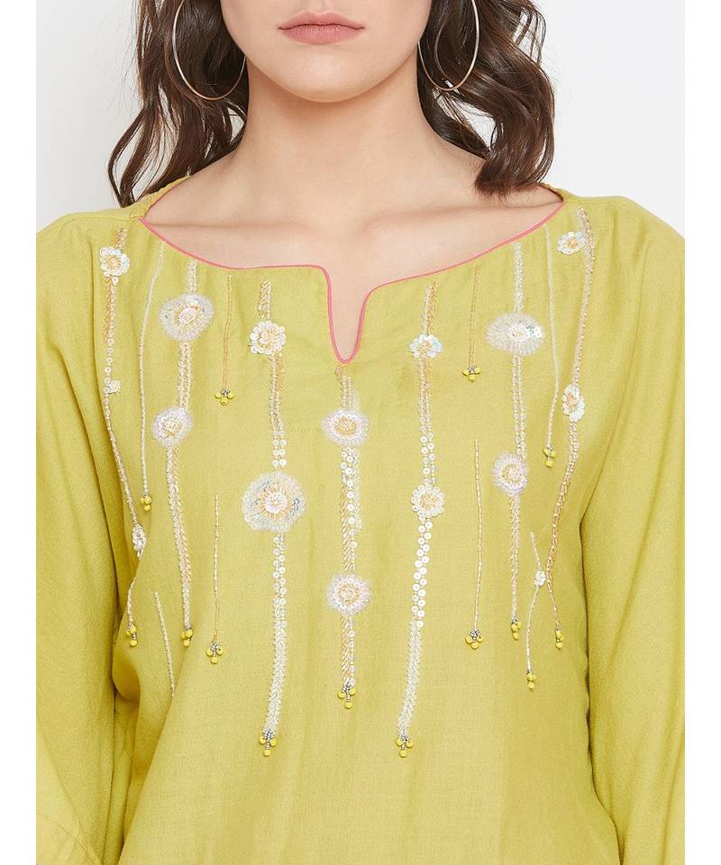 Chartreuse Embellished Kaftan Top