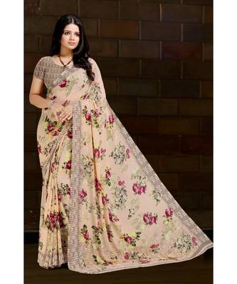 peach printed georgette saree with blouse 1