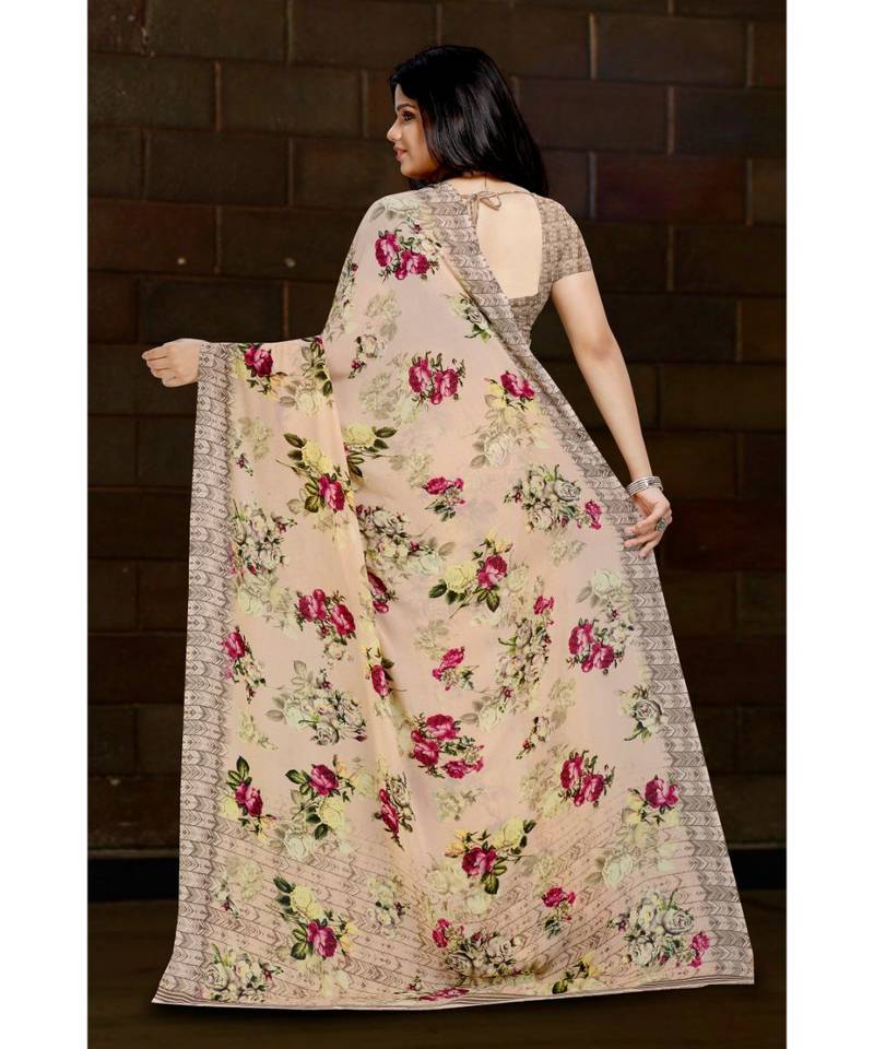 peach printed georgette saree with blouse