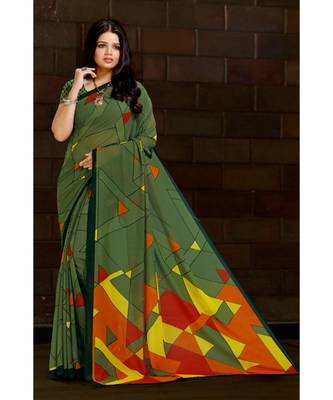 olive printed georgette saree with blouse 1
