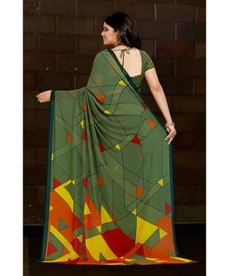 olive printed georgette saree with blouse 2