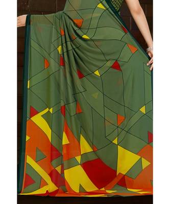 olive printed georgette saree with blouse 3