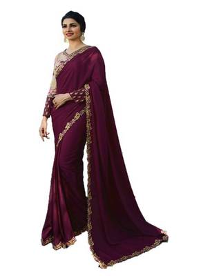 Purple embroidered silk saree with blouse 1