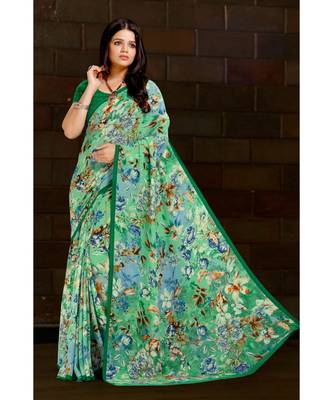 green printed georgette saree with blouse 1