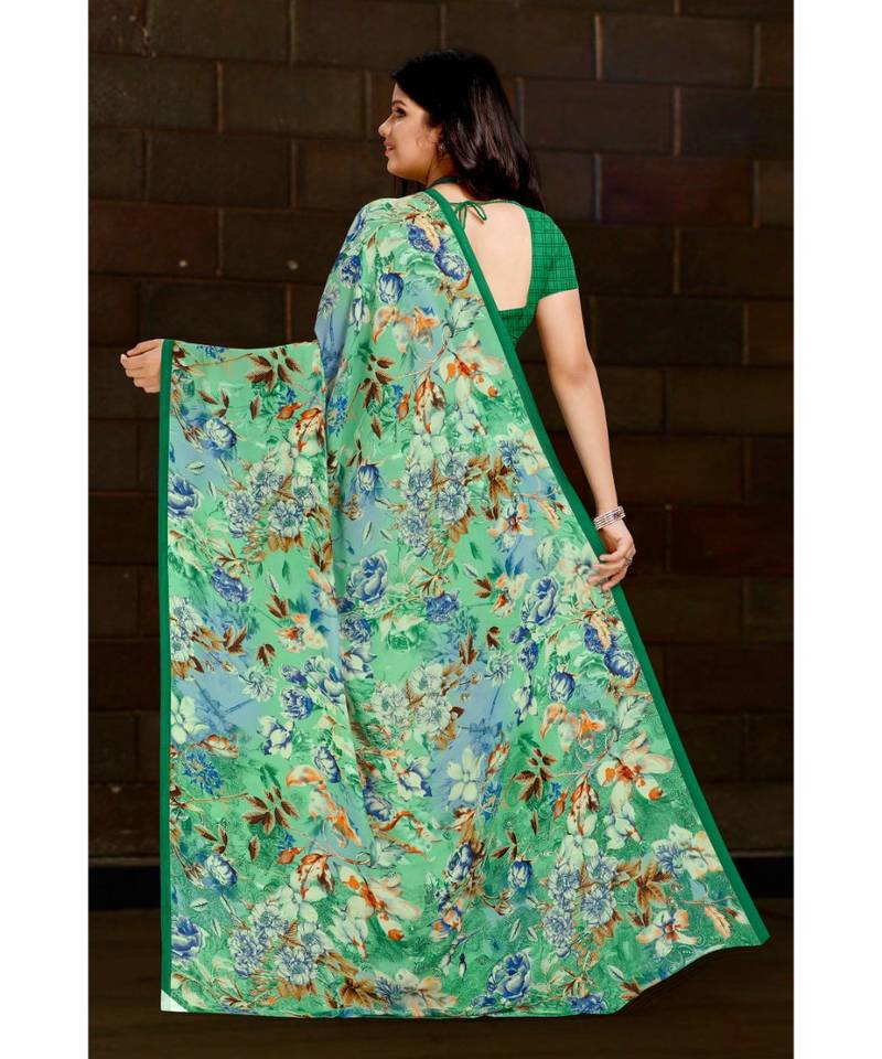 green printed georgette saree with blouse