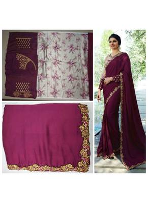 Purple embroidered silk saree with blouse 2