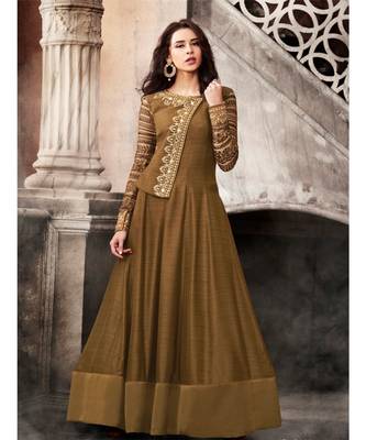 Brown Embroidered Satin Semi Stitched Salwar With Dupatta 1