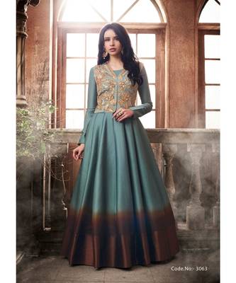 Brown embroidered tussar silk semi stitched salwar with dupatta 2