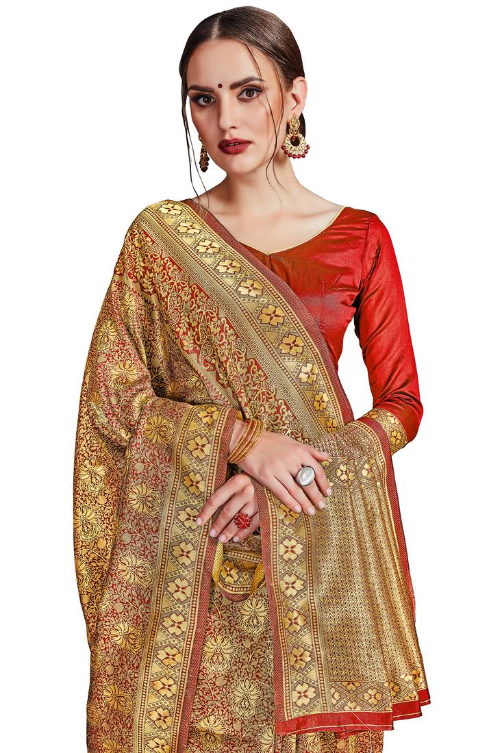 red woven art silk saree with blouse