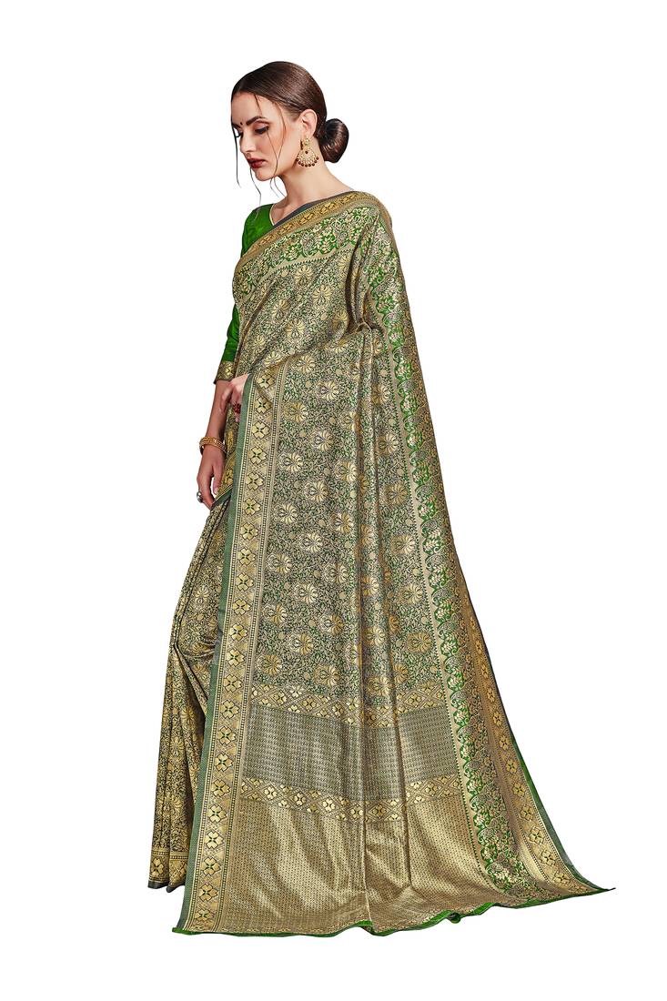 green woven art silk saree with blouse