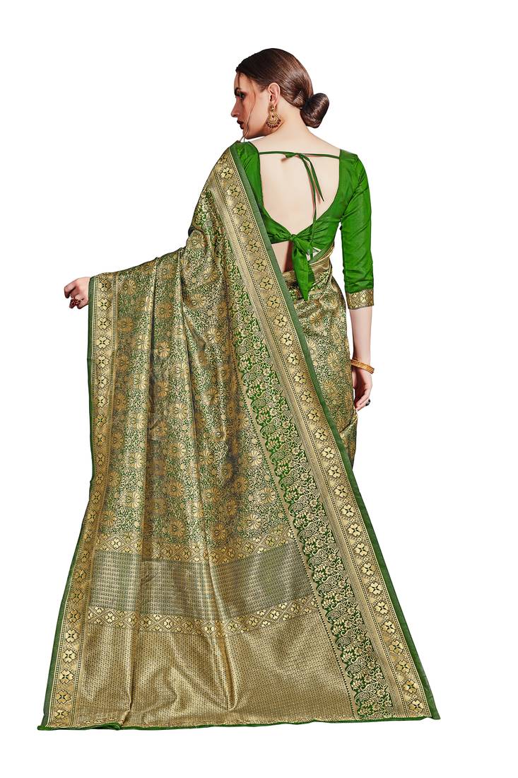 green woven art silk saree with blouse