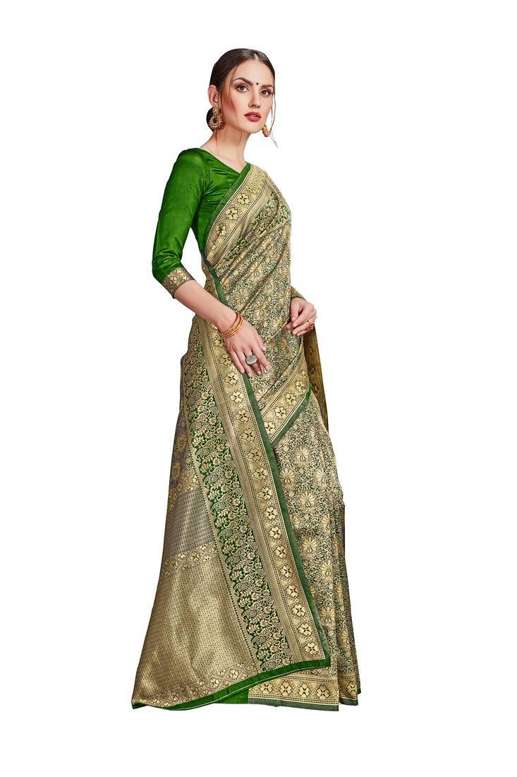 green woven art silk saree with blouse