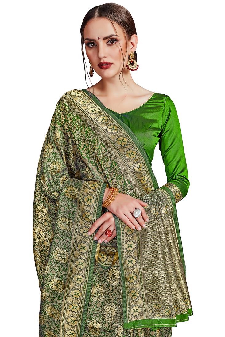 green woven art silk saree with blouse