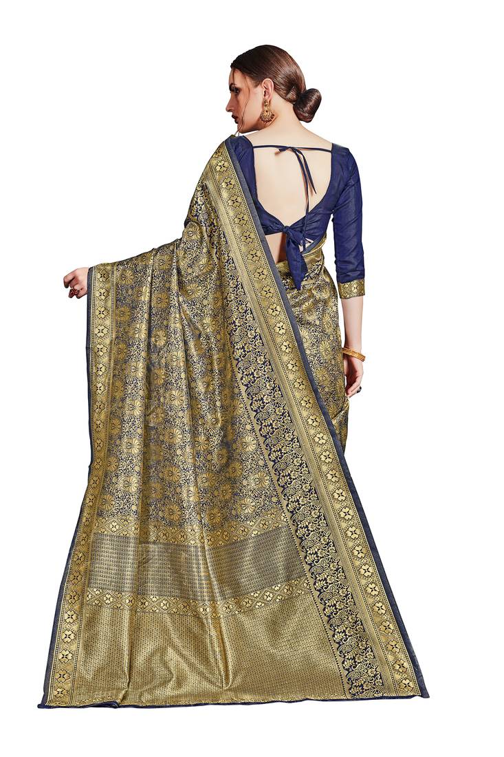 blue woven art silk saree with blouse
