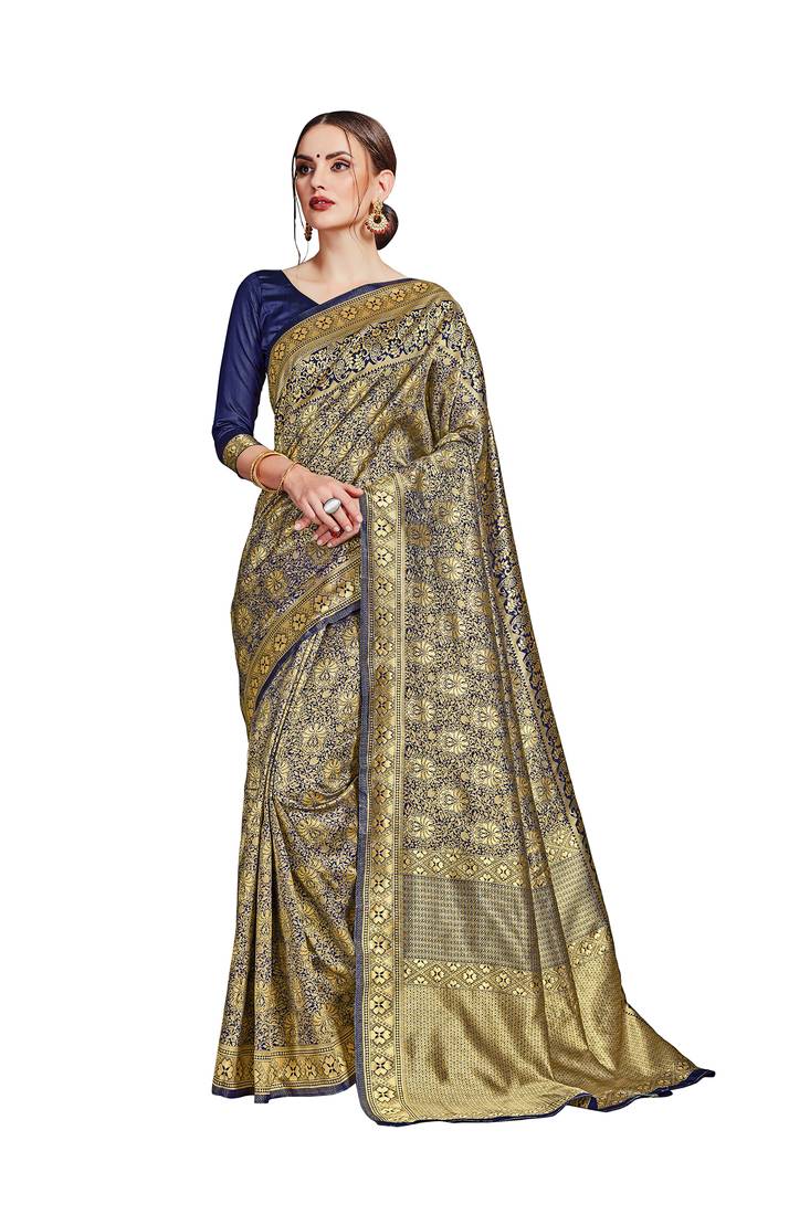blue woven art silk saree with blouse