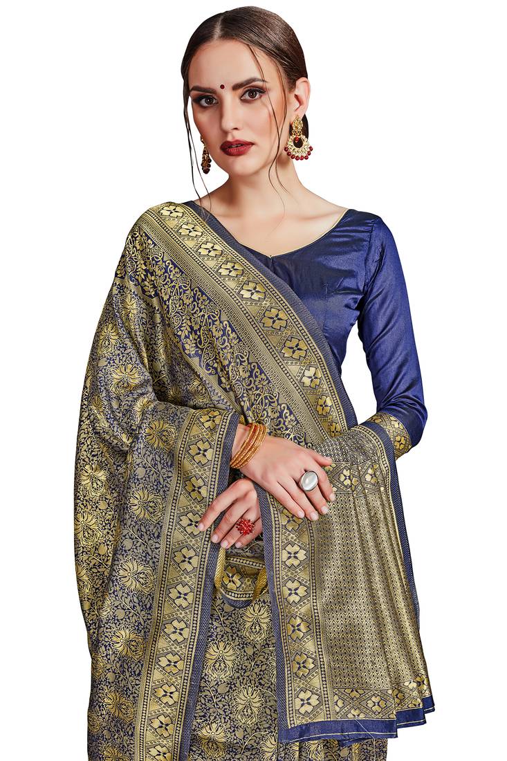blue woven art silk saree with blouse