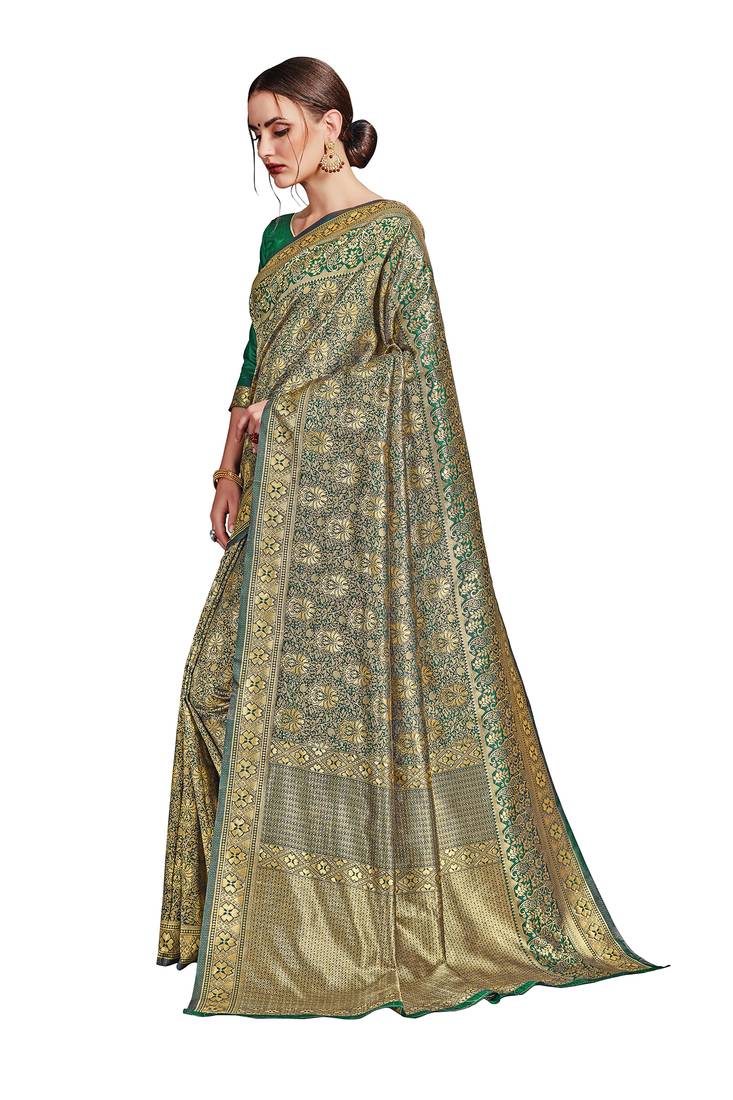 green woven art silk saree with blouse
