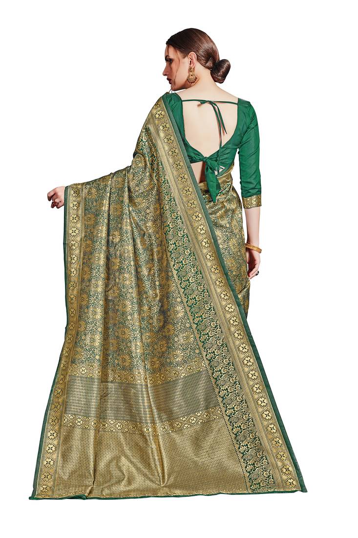 green woven art silk saree with blouse