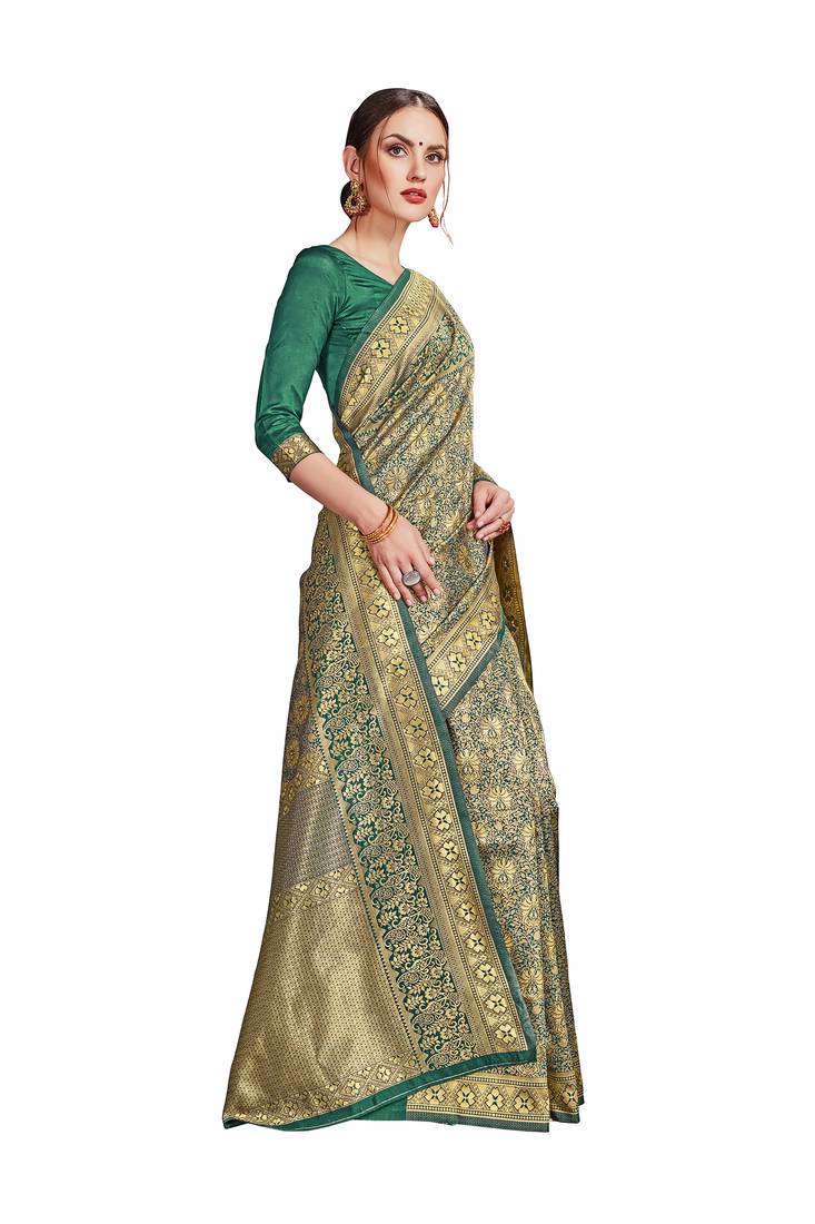 green woven art silk saree with blouse