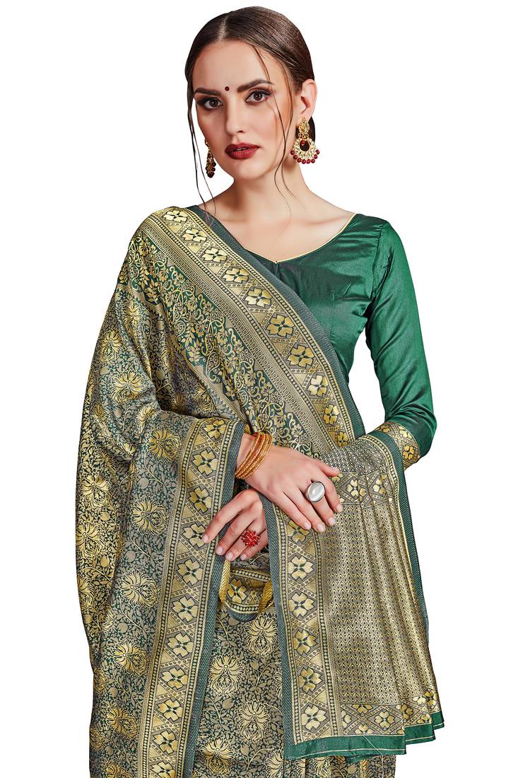 green woven art silk saree with blouse