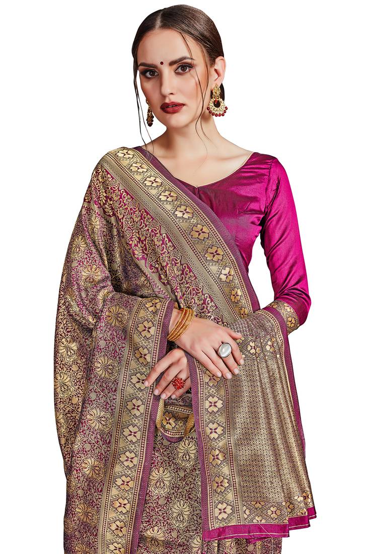 pink woven art silk saree with blouse