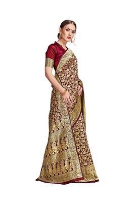 maroon woven art silk saree with blouse 1